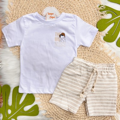  Conj. Camiseta The Big Boss e Bermuda em Linho - Branco e Areia